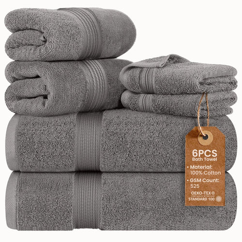 6Pc Bath Towel Set Washcloths 100% Cotton Zero Twist Absorbent Bathroom Towels